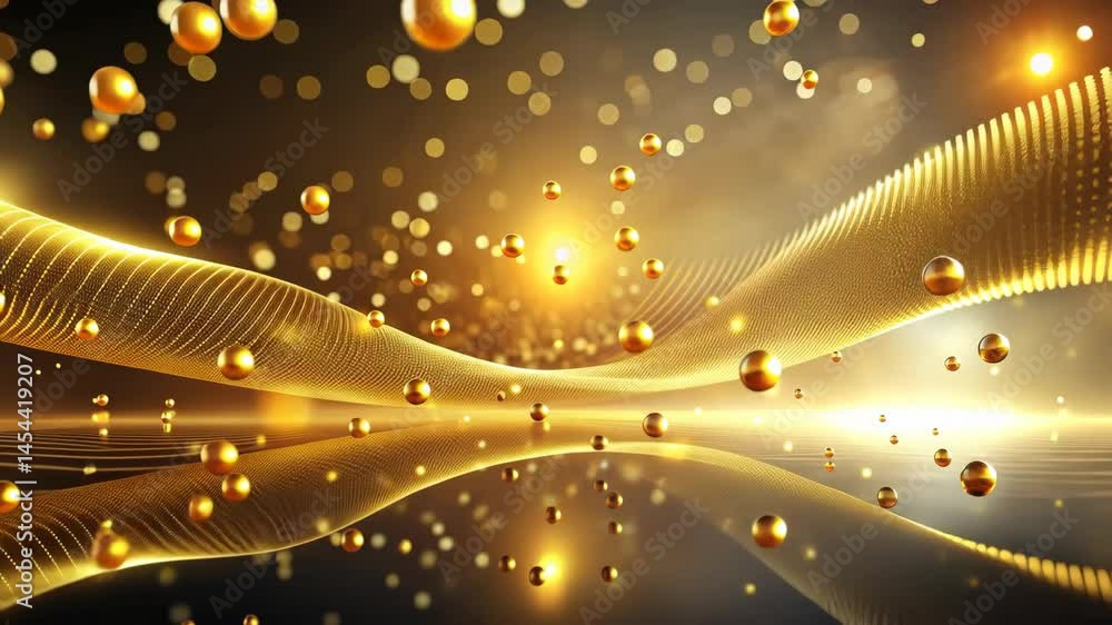 Aufkleber golden spheres dance in a radiant, shimmering light wave, creating a mesmerizing and elegant abstrac