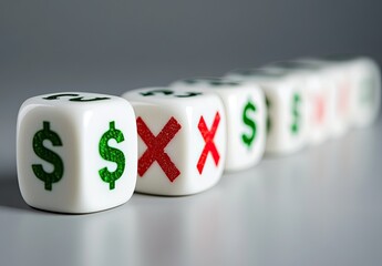 Dice with dollar signs and crosses.  A series of small white cubes, in a row,  each displaying either a dollar sign or a red 'x'.  Money vs. rejection