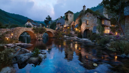 A fairytale village by a river with arched stone bridges, watermills, charming cottages with thatched roofs, soft twilight glow reflecting on water, ultra-realistic professional photography.