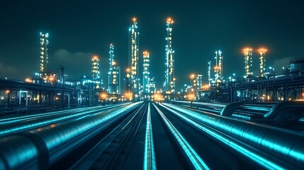 Obraz premium Futuristic industrial complex at night, illuminated by glowing pipes and structures.