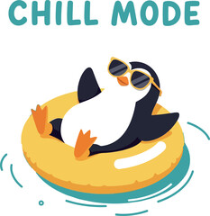 Relaxed penguin in sunglasses floating on yellow ring chill mode vector illustration for t-shirt designs 