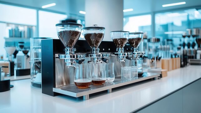 Ultramodern coffee lab with allstainless steel decor, precision brewing stations, and a futuristic industrial ambiance