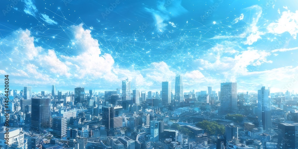 Aufkleber 晴天の青空にそびえ立つ高層ビル群 パノラマ都市景観 青色と白色のコントラスト 活気ある夏の日の眺め 都会の風景