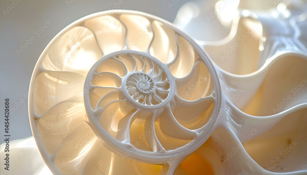 Aufkleber close-up of a nautilus shell, showcasing its intricate spiral structure and pearly texture. the soft