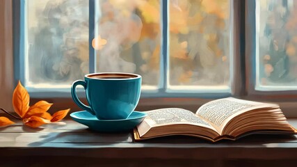 Imagine a cozy autumn scene featuring a warm cup of coffee alongside a good book positioned by a window, creating relaxing vibes in a peaceful atmosphere that invites you to unwind