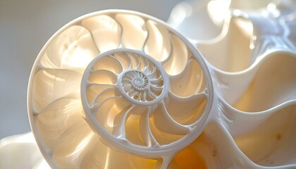 Obraz premium Close-up of a nautilus shell, showcasing its intricate spiral structure and pearly texture. The soft light highlights the shell's delicate chambers.