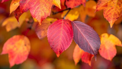 Obraz premium Vibrant autumn leaves in red and orange hues. Close-up shot showcasing fall foliage texture and color. Perfect for seasonal designs and nature themes.