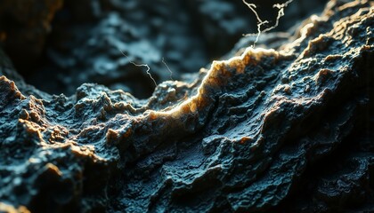 Fractured schist rock reveals layers of quartz and graphite, lit by dramatic white light within a dark grotto.