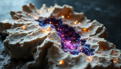 Obraz premium Fractured Dolomite cliffs display swirling indigo, amethyst, ivory, gold, and silver cosmic dust patterns in stone.