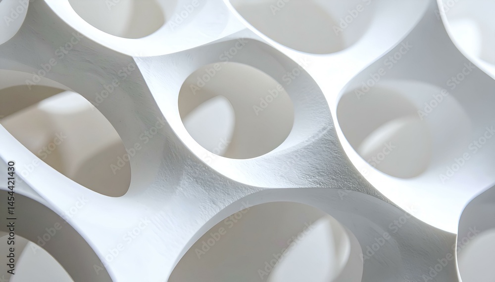 Poster abstract white sculptural form with interconnected circular openings. perfect for modern design and 
