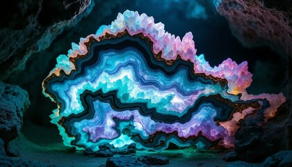 Petrified aurora formation in a grotto; swirling colors of green, blue, purple, pink, and gold.