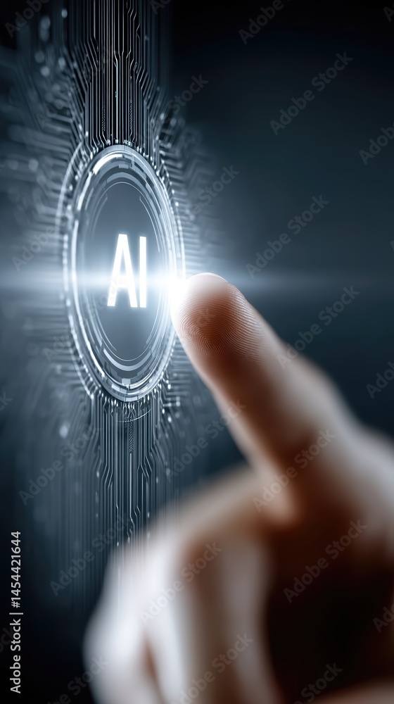 Poster human finger touches glowing ai symbol on digital interface in futuristic setting