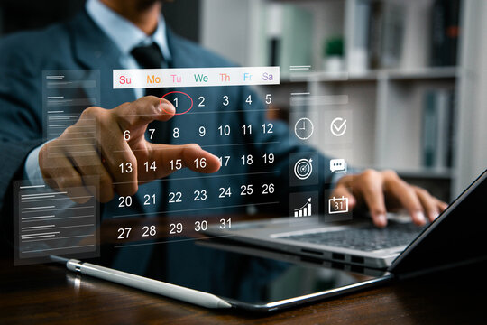 Time management and scheduling concept with calendar, Businessman manages time for effective work. appointment booking, event planning, productivity, Highlight appointment reminders.