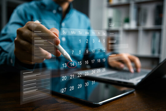 Time management and scheduling concept with calendar, Businessman manages time for effective work. appointment booking, event planning, productivity, Highlight appointment reminders.