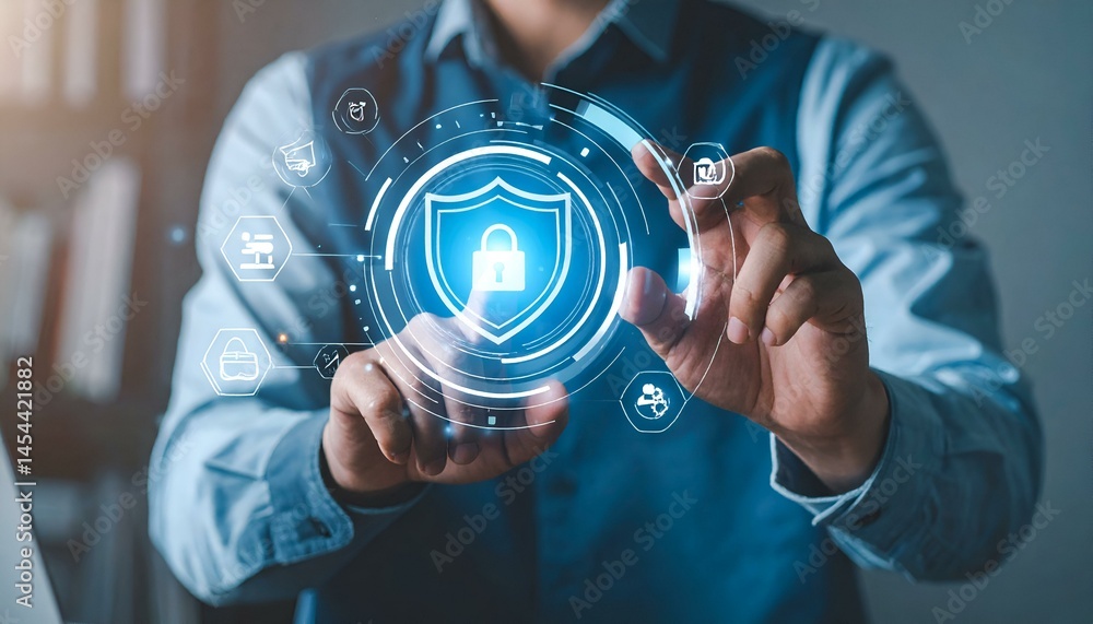 Poster businessperson interacts with a digital security shield interface, showcasing data protection and cy