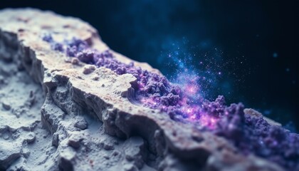 Ancient Dolomite bedrock displays swirling violet cosmic dust patterns, like nebulas and star clusters, on grey hues.