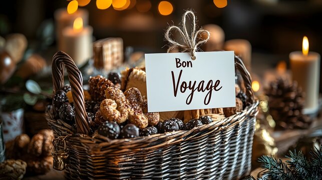 Cozy farewell treats with a Bon Voyage card in a rustic basket