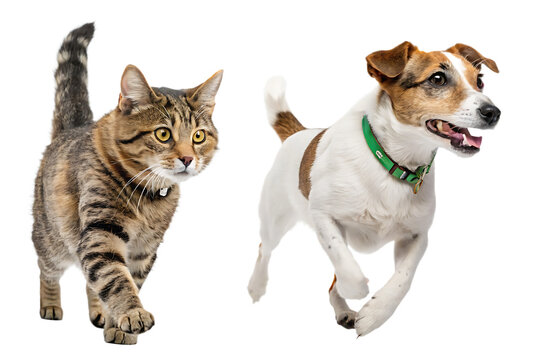 A tabby cat walking and a jack russell terrier running with a green collar on a transparent background