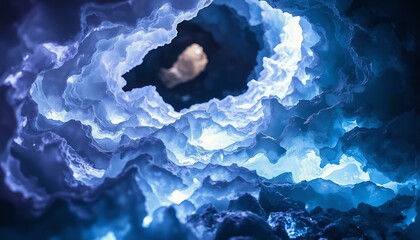 Fractured quartz formations glow blue within an icy cavern, displaying crystalline structures and shimmering pyrite.