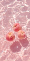 a few pink peaches are floating on the pink water. The water has ripples and reflects the sunlight. The peaches should be close to the color of the water and blend into the picture.