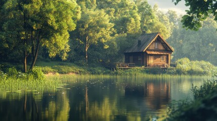Obraz premium Wooden house by pond in forest