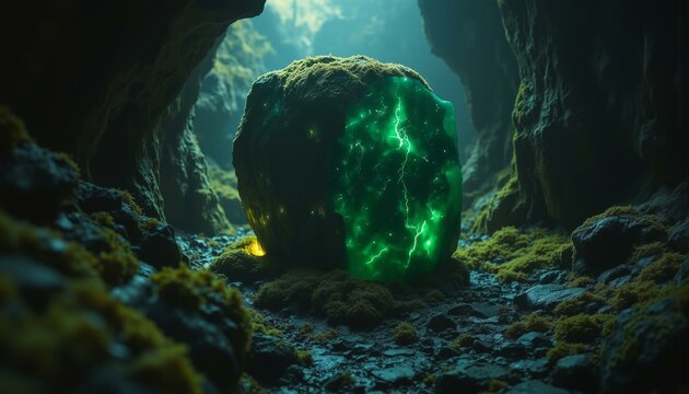 Emerald jade monolith glows within a dark grotto, mossy, veined with yellow, surrounded by fungi.