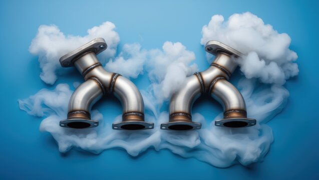 Abstract depiction of metallic pipes releasing a cloud of vapor against a blue background