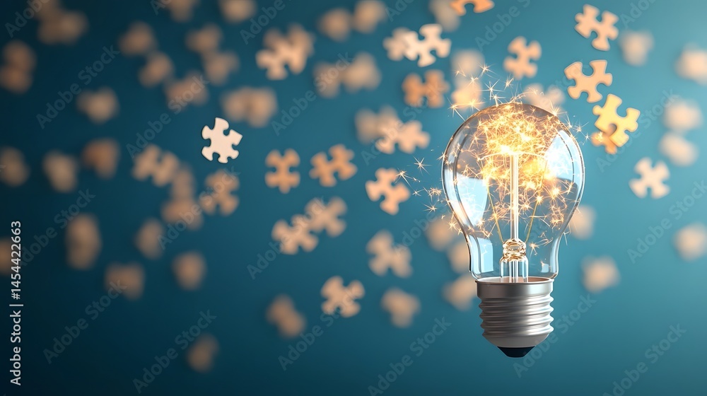Aufkleber light bulb with sparks and floating puzzle pieces, representing problem-solving, creativity, and lea