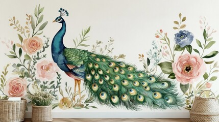 Elegant peacock surrounded by delicate floral design.