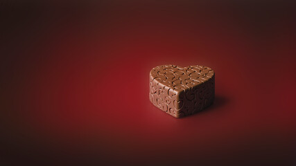 Artistic macro photography of artisan chocolate heart with handmade texture patterns on a solid background