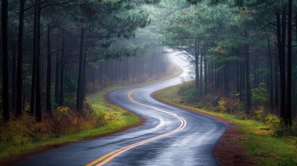 Fototapeta premium Winding road through misty forest