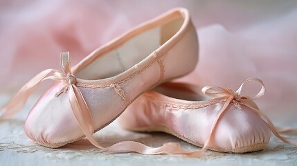 Soft ballet sneakers placed delicately on a light background with graceful pink fabric