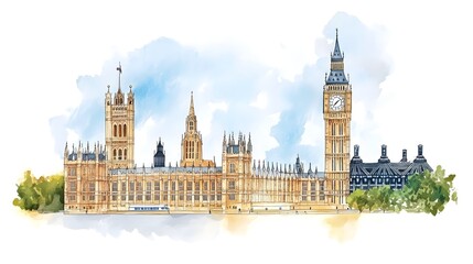 Watercolor depiction of the Houses of Parliament in London.
