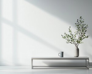 Minimalist stainless steel coffee table setup with monochrome seating, floating bar elements, and seamless textures