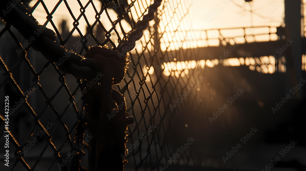 Poster Sunlight streaming through a chain-link fence at dusk, creating a serene atmosphere in an urban setting