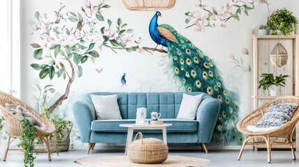 Teal sofa, floral wallpaper, and decorative accents in a living room.