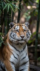 Obraz premium Close-up portrait of Bengal tiger with amber eyes in green bamboo forest