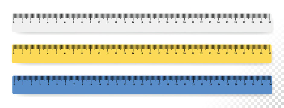 Ruler scale set: 30 cm. Realistic yellow, white, and blue rulers. School supplies. Vector illustration isolated on white background. Ideal for education and design tools.