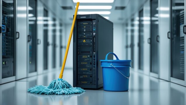 A cleaning scene featuring a mop, bucket, and server rack in a data center, highlighting the importance of maintenance and hygiene in technology
