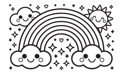 Cute Kawaii Rainbow Coloring Page Smiling Clouds & Sun for Kids