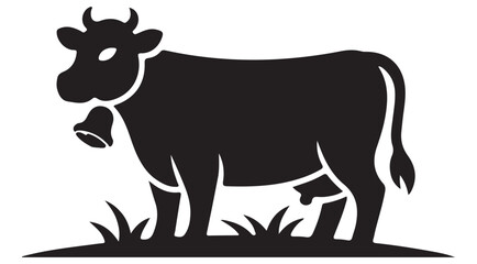 Black Cow Silhouette with Bell on Grass - Farm Animal Icon
