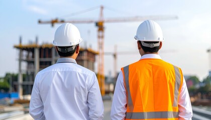 Two engineers wearing white hard hats and safety vests oversee a construction site. They stand with their backs to the camera, focusing on the ongoing building project.