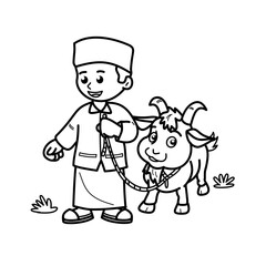 a muslim boy carrying a goat for sacrifice. Vector illustration graphic design image