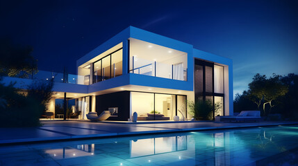 A modern, sleek white house with large glass windows and a swimming pool at night.