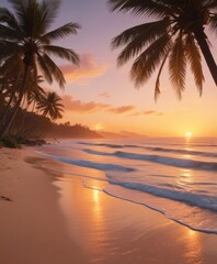 Vibrant sunset casts warm glow on palm-lined beach, soft waves lap shore  Film-like texture ,  light,  tropical scene,  color