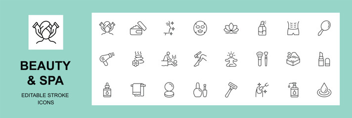 Beauty and spa line icon set. Editable stroke. Containing as skin care, spa, treatment, cosmetology, cosmetics, massage, and more. Vector illustration