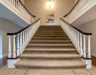 Elegant carpeted staircase with white banisters and dark wood handrail.  Perfect for home decor, real estate, and luxury design projects.