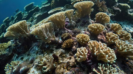 Fototapeta premium Vibrant blue sea anemones and colorful coral on a healthy reef