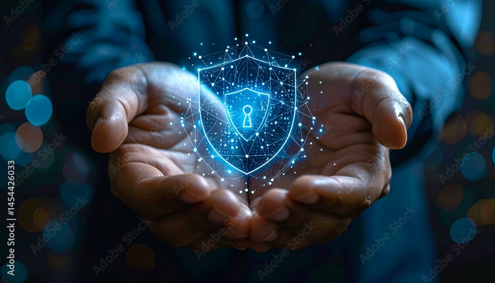Poster hands holding a digital shield with a keyhole, symbolizing data protection and cybersecurity. perfec