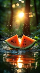Watermelon slices splash in a forest stream